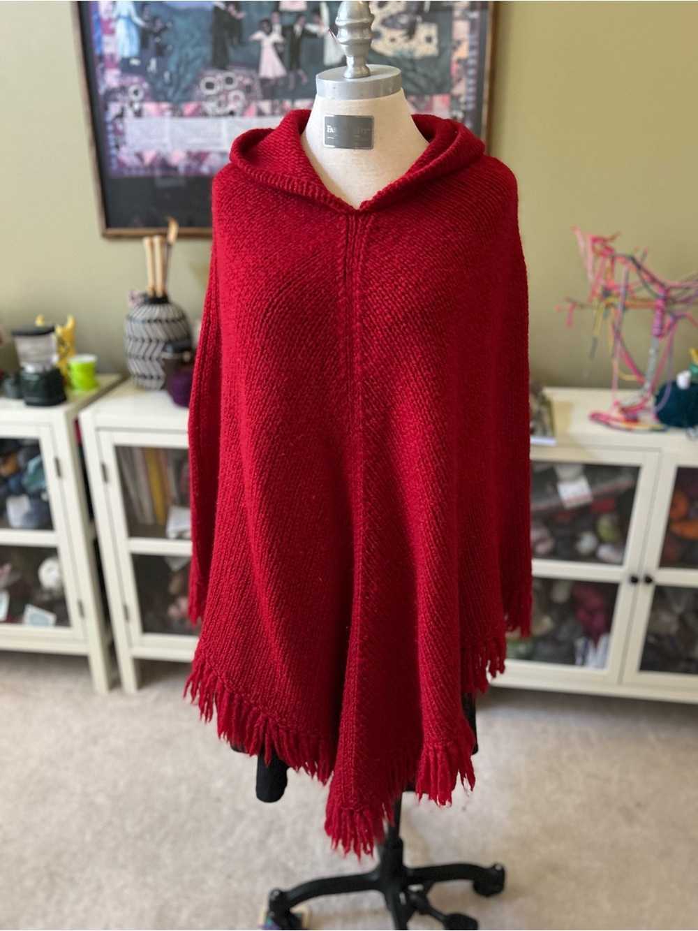 J. Crew Red Hooded Fringe Poncho